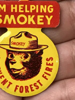 アドバタイジングキャラクターのスモーキーベアのヴィンテージタブバッチ