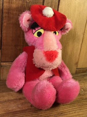 ベレー帽をかぶったピンクパンサーの80年代ビンテージ縫いぐるみ