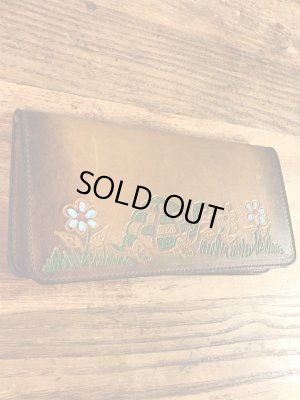 花とカメが描かれたヒッピーの70年代ビンテージ革財布