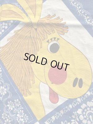 動物と男の子と女の子の柄のフリンジが付いた70年代ビンテージラウンドシーツ