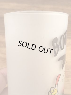 “Bottoms Up!”のメッセージが書かれたキツツキのキャラクターの60年代ビンテージグラス