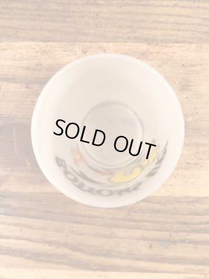 “Bottoms Up!”のメッセージが書かれたキツツキのキャラクターの60年代ビンテージグラス