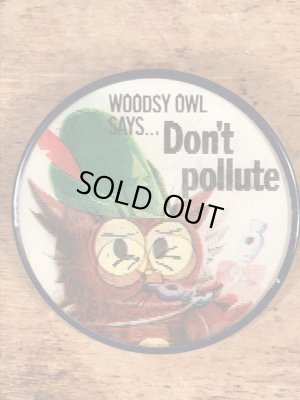 企業キャラクターのウッジーオウルの60〜70年代ビンテージレンチキュラー缶バッジ