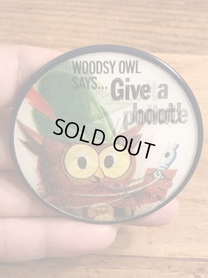 企業キャラクターのウッジーオウルの60〜70年代ビンテージレンチキュラー缶バッジ