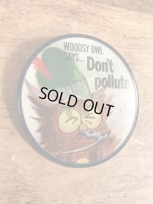 企業キャラクターのウッジーオウルの60〜70年代ビンテージレンチキュラー缶バッジ