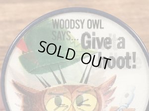 企業キャラクターのウッジーオウルの60〜70年代ビンテージレンチキュラー缶バッジ