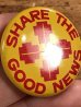 Share The Good Newsのメッセージが書かれたビンテージ缶バッジ