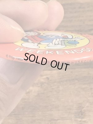 スマーフのI Live For Weekends!のメッセージが書かれたビンテージ缶バッジ