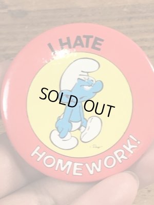 スマーフのI Hate Homework!のメッセージが書かれたビンテージ缶バッジ