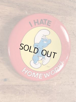スマーフのI Hate Homework!のメッセージが書かれたビンテージ缶バッジ