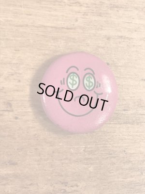 目が$マークになったスマイルのビンテージ缶バッジ