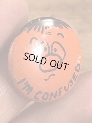 I'm Confusedの顔が描かれたビンテージ缶バッジ