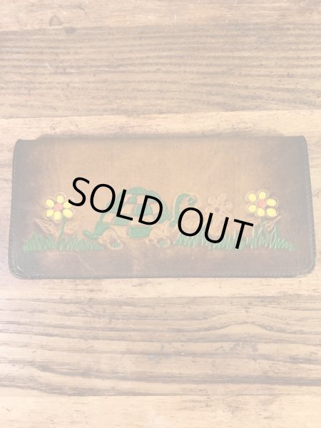 フラワーとカメが描かれたヒッピー調の70’sヴィンテージレザーウォレット