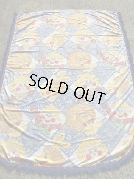 動物と男の子と女の子の柄のフリンジが付いた70年代ビンテージラウンドシーツ