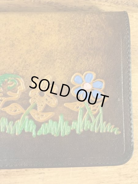 フラワーとカメが描かれたヒッピー調の70’sヴィンテージレザーウォレット
