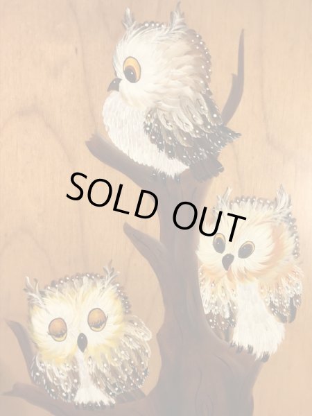 フクロウがハンドペイントで描かれた70年代ビンテージ壁掛け