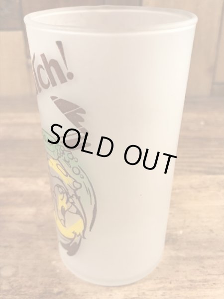 “Down The Hatch!”のメッセージが書かれたキツツキのキャラクターの60年代ビンテージグラス