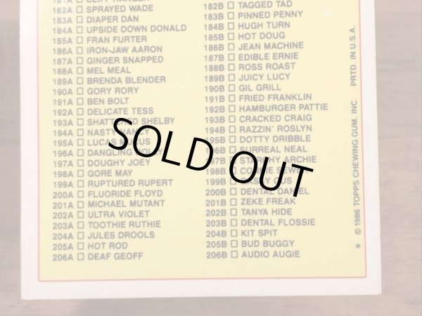 トップス社製のガーベッジペイルキッズの80年代ビンテージステッカーカード