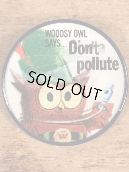アドバタイジングキャラクターのWoodsy Owlの60〜70’sヴィンテージレンチキュラー缶バッチ