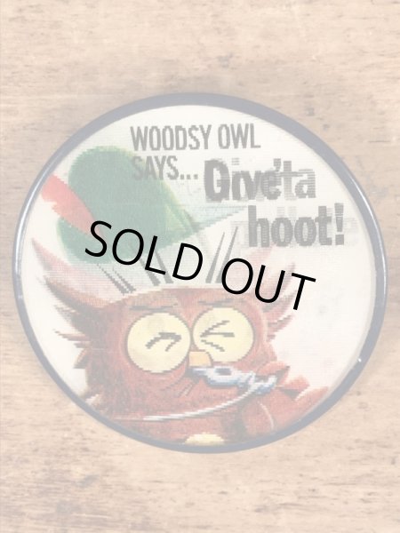 アドバタイジングキャラクターのWoodsy Owlの60〜70’sヴィンテージレンチキュラー缶バッチ