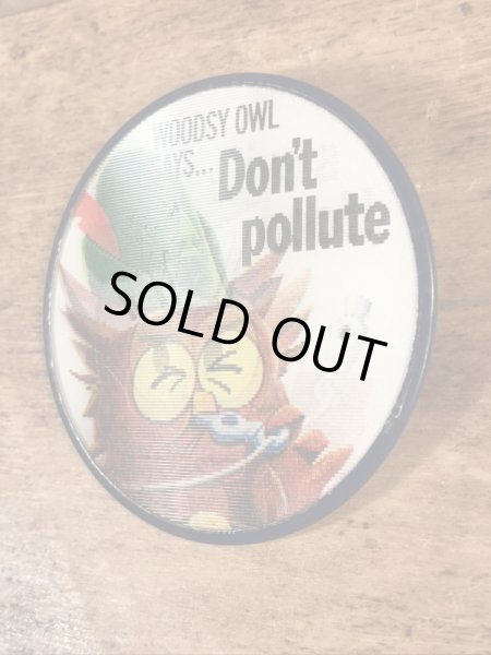 アドバタイジングキャラクターのWoodsy Owlの60〜70’sヴィンテージレンチキュラー缶バッチ