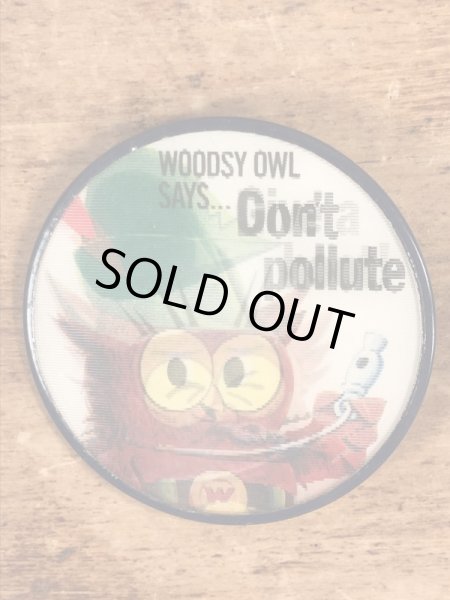 企業キャラクターのウッジーオウルの60〜70年代ビンテージレンチキュラーバッジ