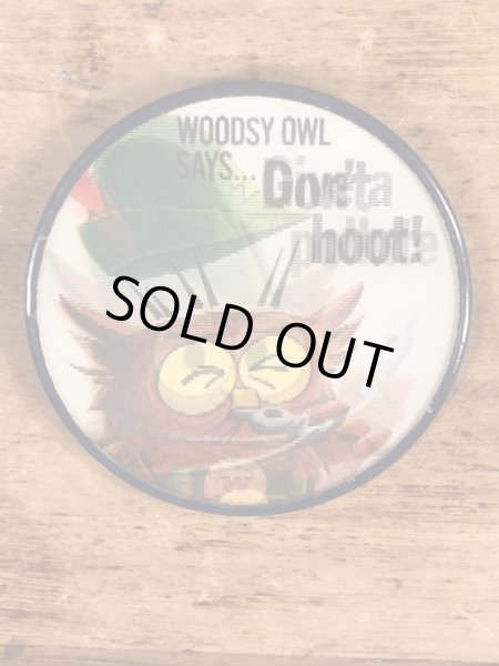 ウッジーオウル　ビンテージ　缶バッチ　企業キャラクター　レンチキュラー