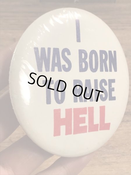 I Was Born To Raise Hellのメッセージが書かれたヴィンテージ缶バッチ