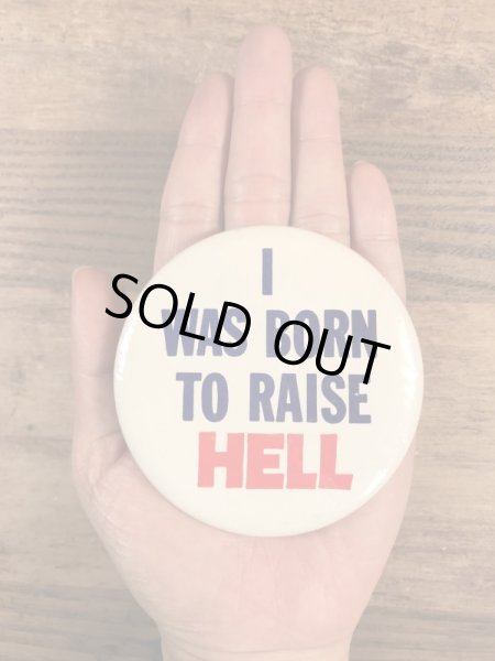 I Was Born To Raise Hellのメッセージが書かれたヴィンテージ缶バッチ