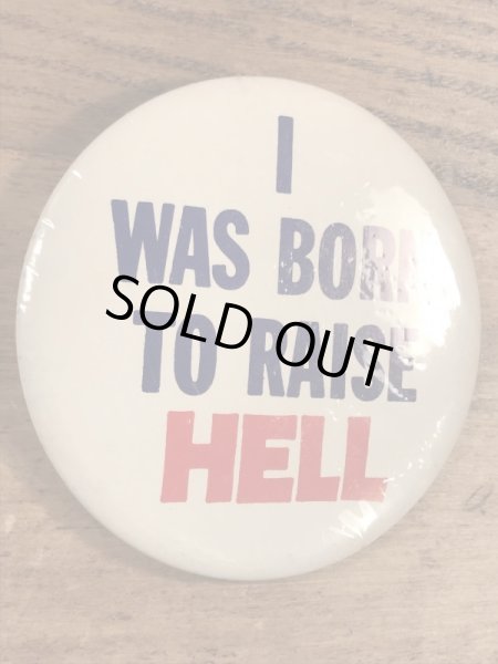 I Was Born To Raise Hellのメッセージが書かれたヴィンテージ缶バッチ