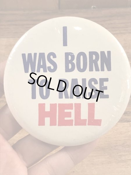 I Was Born To Raise Hellのメッセージが書かれたヴィンテージ缶バッチ
