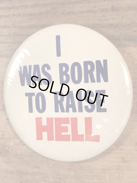 I Was Born To Raise Hellのメッセージが書かれたビンテージ缶バッジ