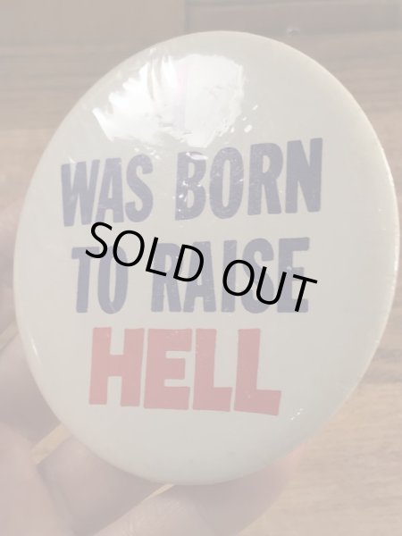 I Was Born To Raise Hellのメッセージが書かれたビンテージ缶バッジ