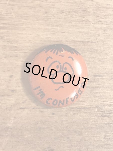 I'm Confusedの顔が描かれたビンテージ缶バッジ