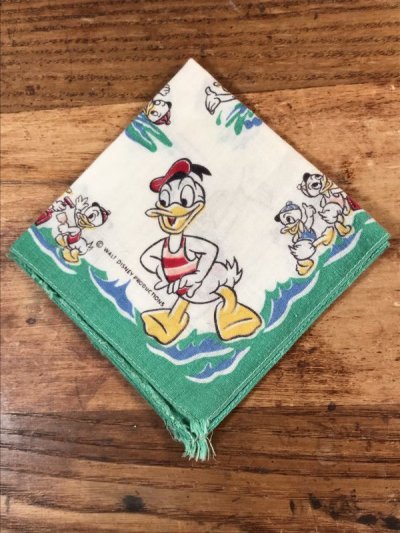 画像1: Disney Character “Donald Duck” Cotton Kids Handkerchief　ドナルドダック　ビンテージ　キッズハンカチ　ダックファミリ―　50年代