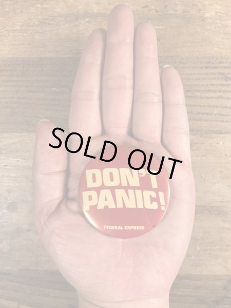 80年代頃のDon't Panic!のメッセージが書かれたヴィンテージの缶バッチ