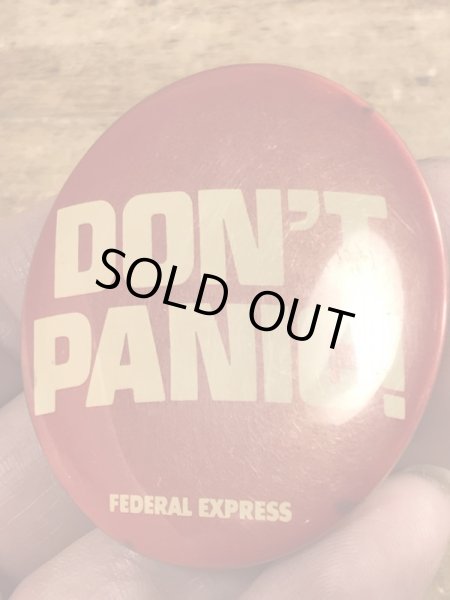 80'sのDon't Panic!のメッセージが書かれたビンテージの缶バッジ