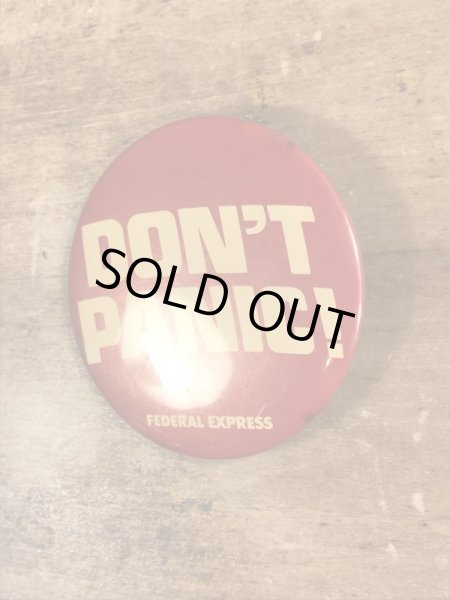 80'sのDon't Panic!のメッセージが書かれたビンテージの缶バッジ