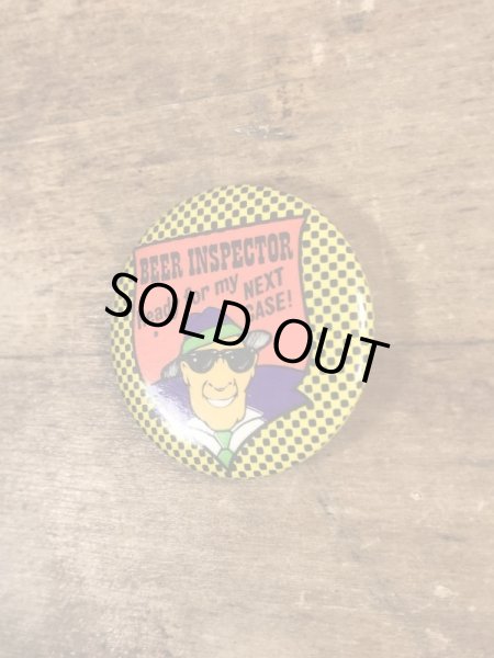 80’sのBeer Inspector Ready For My Next Case!のアメリカンジョークが描かれたヴィンテージの缶バッチ