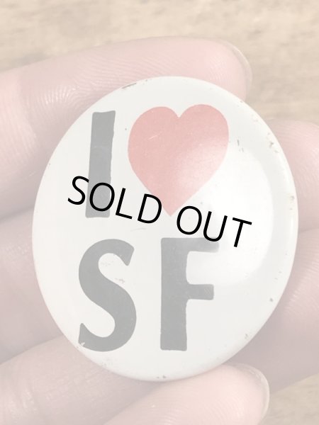 80’sのI Love SFのメッセージが書かれたヴィンテージの缶バッチ