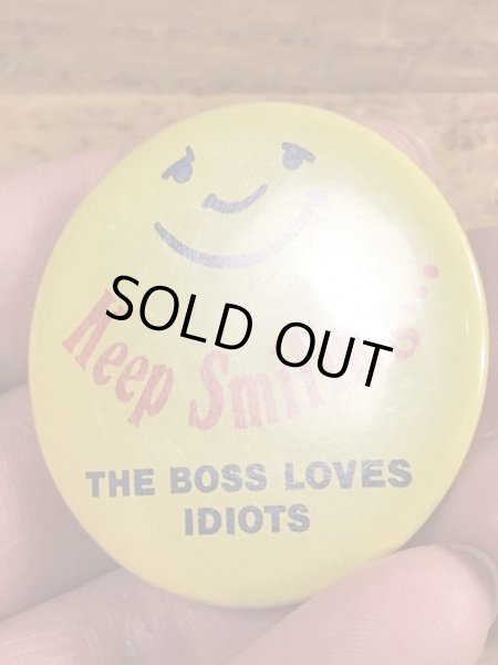 80'sのKeep Smiling...のメッセージが書かれたヴィンテージの缶バッチ