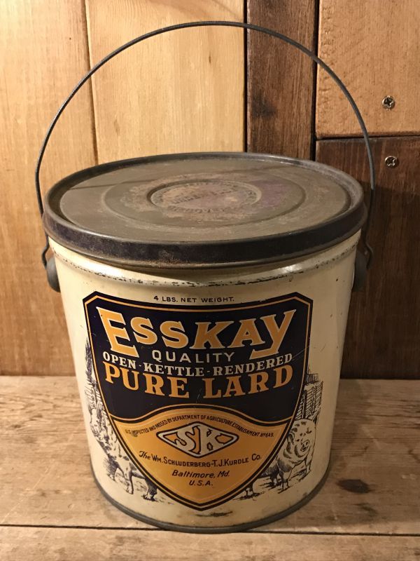 EssKay Pure Lard Tin Bucket　Tin缶　ビンテージ　ラード缶　アンティーク　企業物　ヴィンテージ　vintage