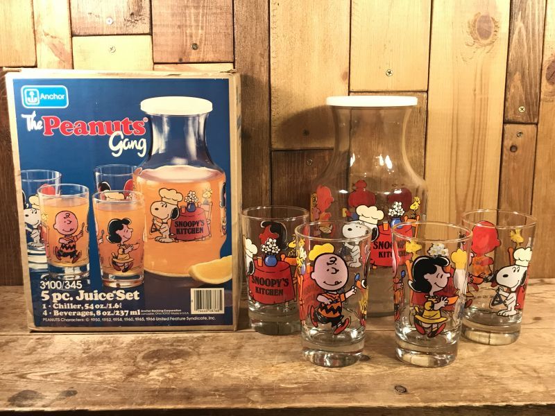 Anchor Hocking Peanuts Gang Snoopy Glass Juice Set スヌーピー ビンテージ グラスセット ピーナッツ 70 80年代 Stimpy Vintage Collectible Toys スティンピー ビンテージ コレクタブル トイズ