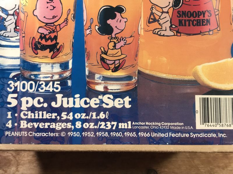 Anchor Hocking Peanuts Gang Snoopy Glass Juice Set スヌーピー ビンテージ グラスセット ピーナッツ  70〜80年代 - STIMPY(Vintage Collectible Toys）スティンピー(ビンテージ コレクタブル トイズ）