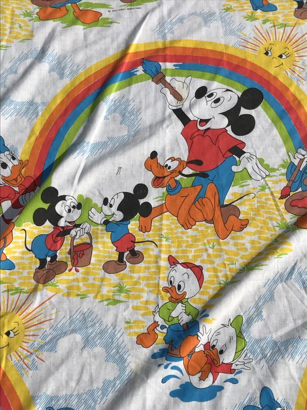Disney Character Mickey Mouse Rainbow Twin Flat Sheet ディズニー ビンテージ フラットシーツ ミッキーマウス 70年代 Stimpy Vintage Collectible Toys スティンピー ビンテージ コレクタブル トイズ