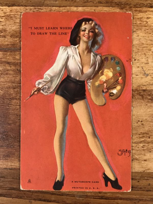 Pin Up Girl I Must Learn Where To Draw The Line A Mutoscope Card ピンナップガール ビンテージ カード 40年代 Collectible 雑貨系 Pin Up Nude ピンナップ ヌード 系 Stimpy Vintage Collectible Toys スティンピー ビンテージ コレクタブル トイズ